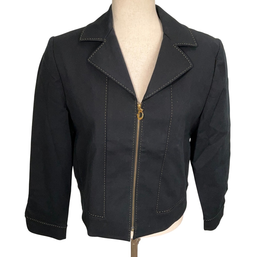 St. John Sport Jacket Women Small Black Zip Contrast Stitch Minimalist Old Money